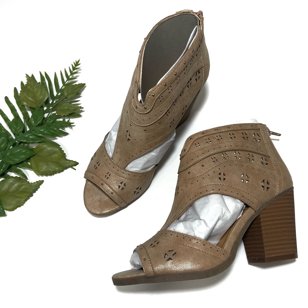 Sugar Taupe Cutout Peep-Toe Block Heel Sandals